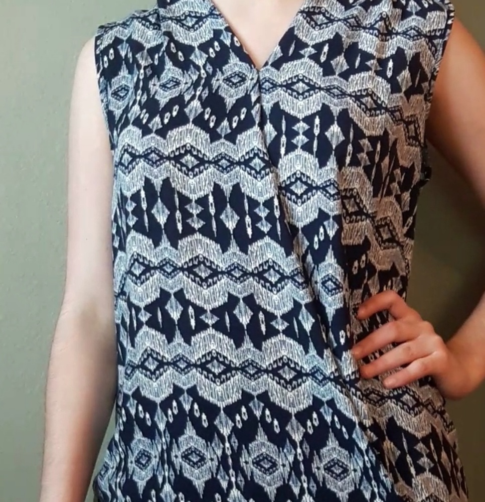 Blue and grey v neck blouse